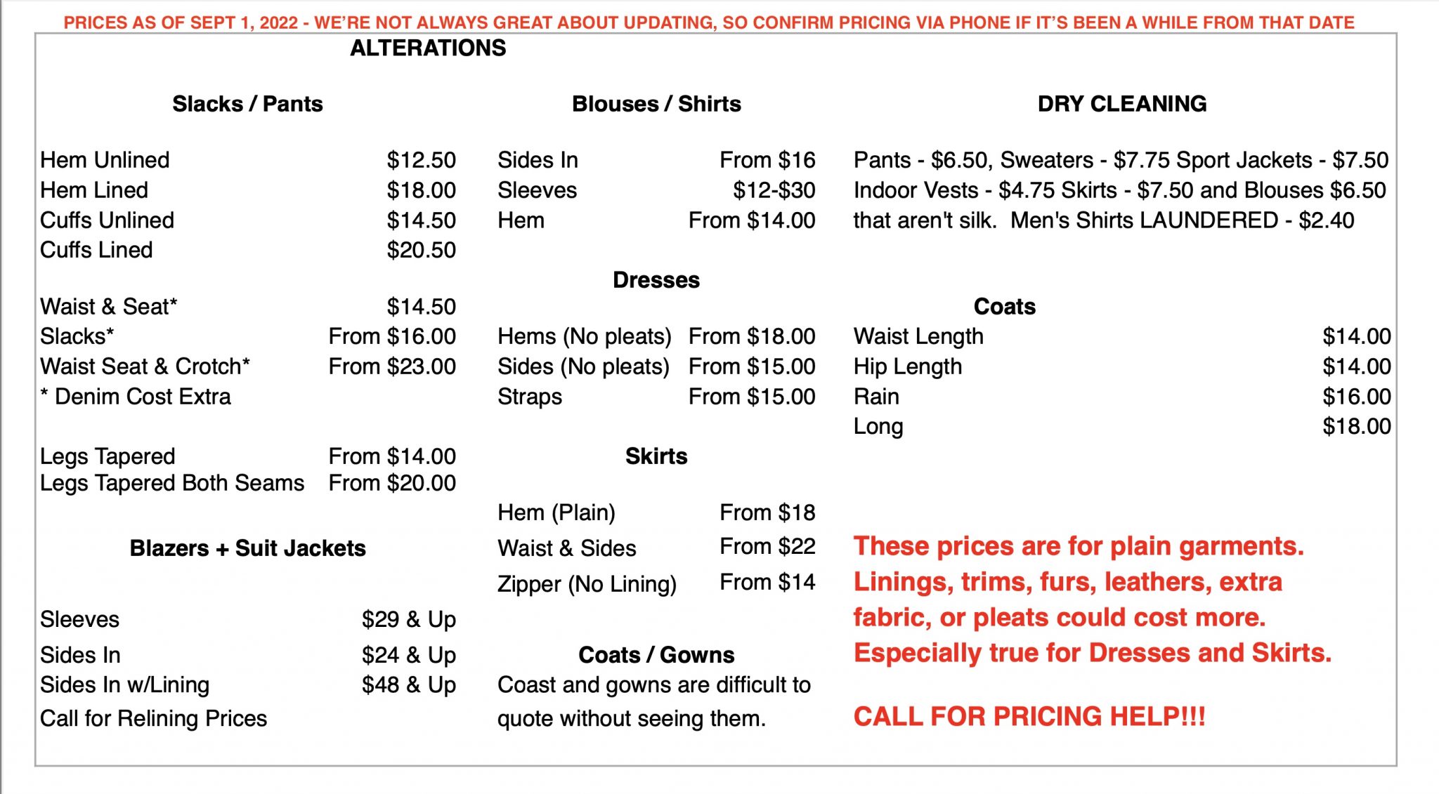 Some Prices Tailoring While U Wait